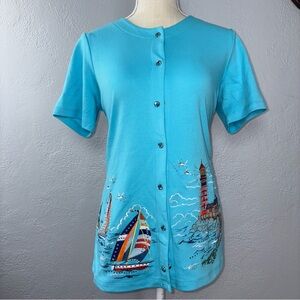 Quacker Factory Vintage Turquoise Nautical Embroidered Button Down Shirt
